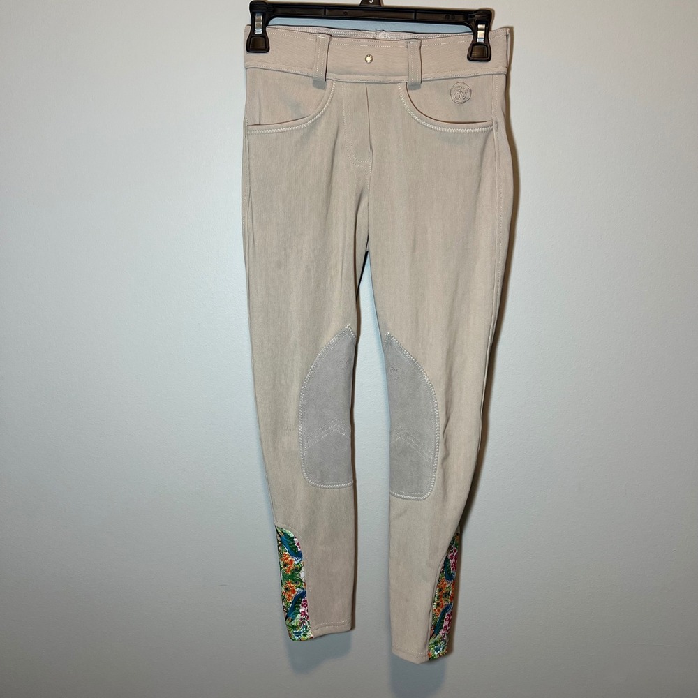 Ovation Endura OV Riding Tights Kids XL 14 Tan Beige Knee Patch Floral Trim